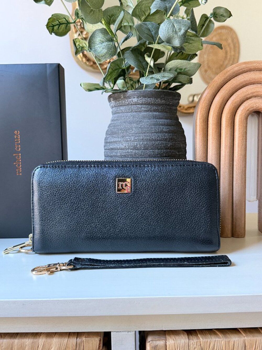 Brand New Rachel Cruze Black Leather Wristlet Wallet with Gold Hardware